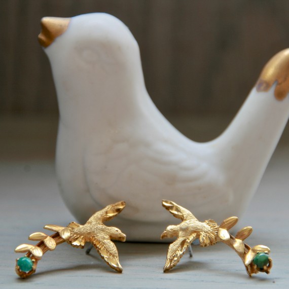 Gold Bird Turquoise Tail Earrings