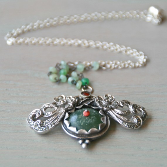 Marcasite And Green Gemstone Vintage Necklace
