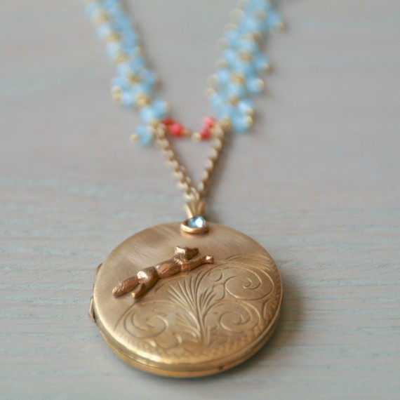Large Golden Locket Fox Moon Necklace