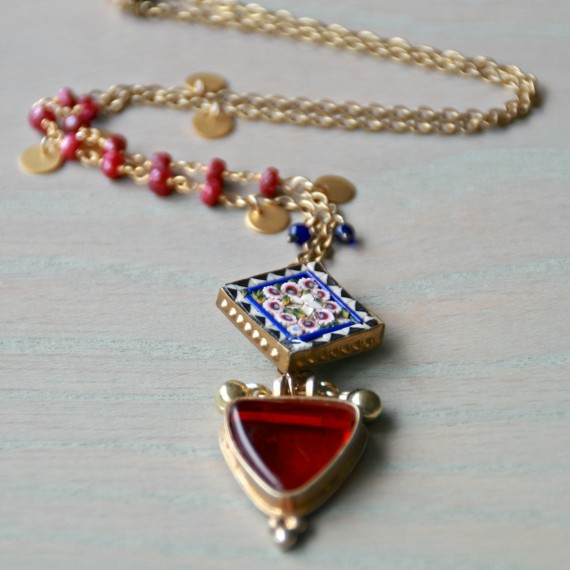 Ruby, Indigo Micro Mosaic Charm Necklace