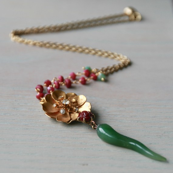 Jade Horn And Golden Flower Necklace