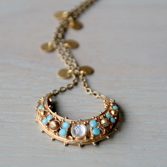 Gold And Turquoise Vintage Crescent Necklace