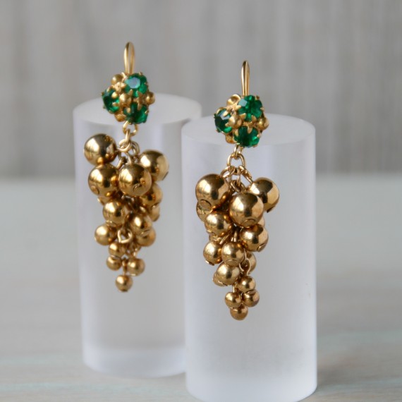 Golden Grapes And Emerald Button Earrings