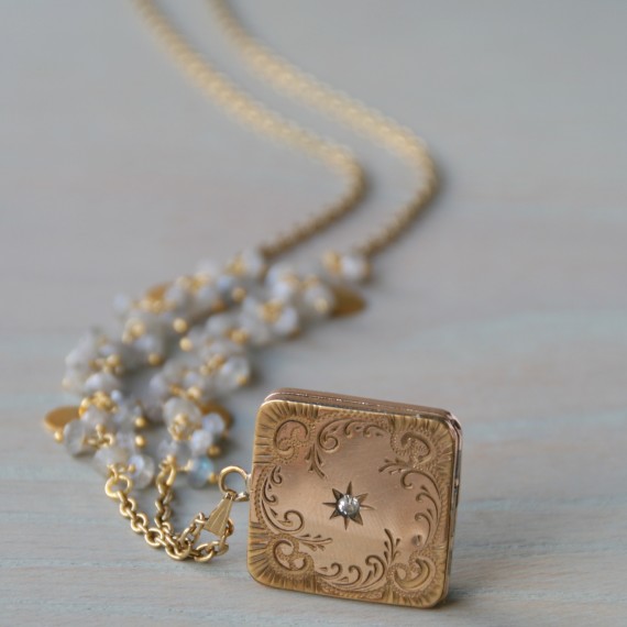 Vintage Square Locket And Gemstone Necklace