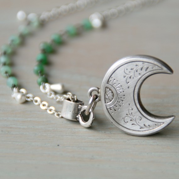 Silver Engraved Crescent Gemstone Necklace