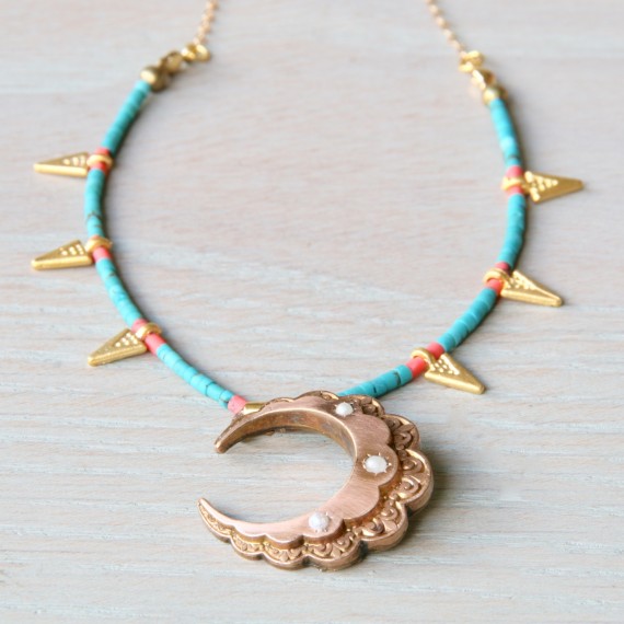 Golden Crescent Moon And Turquoise Necklace