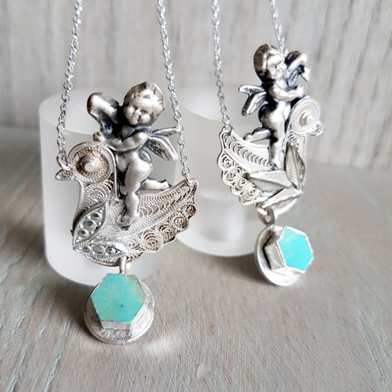 Silver Cherub And Bird Turquoise Necklace