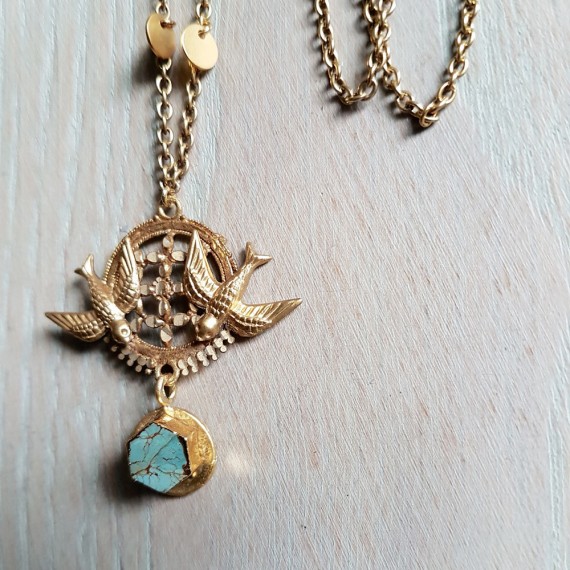 Golden Diving Bird And Turquoise Necklace
