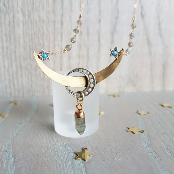 Golden Moon And Turquoise Stars Necklace