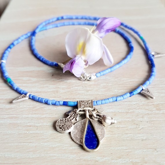 Cornflower Blue Beaded And Silver Charm Necklace