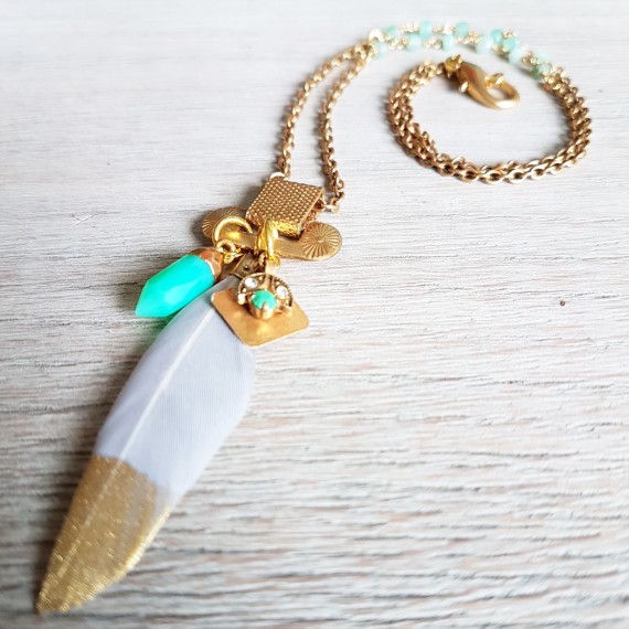 Dove Grey Gold Dipped Feather Necklace With Chrysoprase Charms