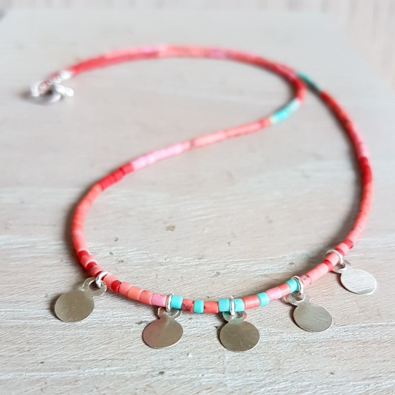 Coral And Turquoise Beaded Charm Necklace