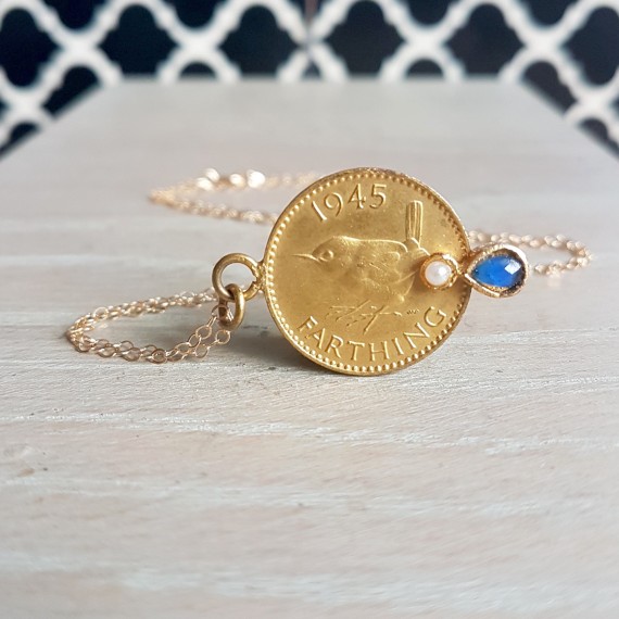 Golden Gilded Coin Pendant With Colbalt Blue Stone