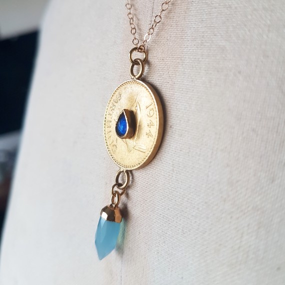 Gilded Golden Coin And Gemstone Drop Pendant