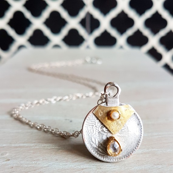 Mixed Metal Coin With Teardrop Gemstone
