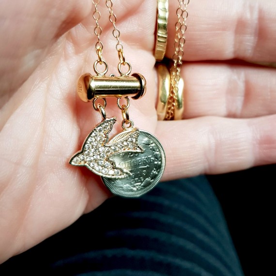 Crystal Bird And Vintage Coin Keepsake Necklace