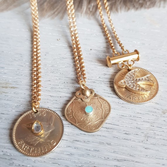 Crystal Swallow And Vintage Coin Necklace