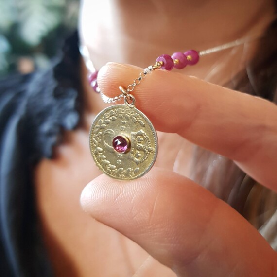 Lucky Vintage Coin & Gemstone Necklace – Garnet & Ruby