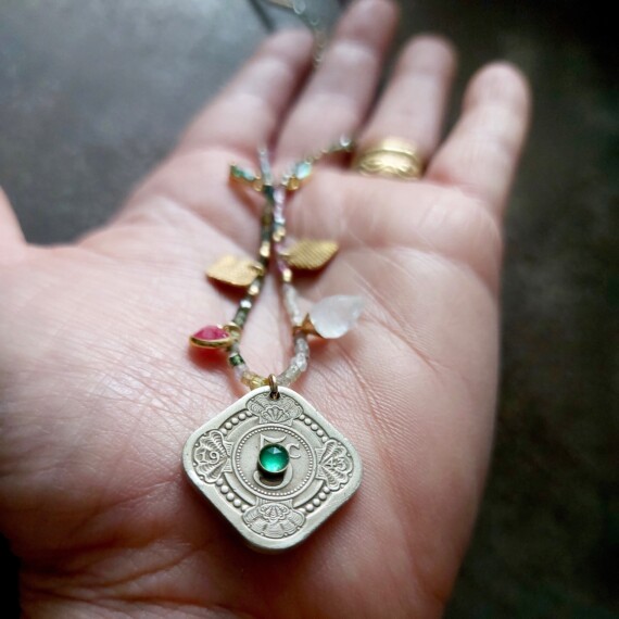 Vintage Coin And Tourmaline Charm Necklace