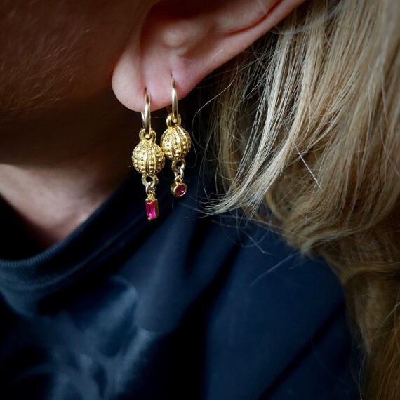 Golden Seed Pods Earrings with Deep Ruby drops